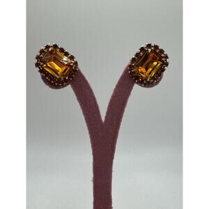 Vintage Emerald-Cut Citrine Rhinestone Earrings – Mid-Century Cocktail Studs